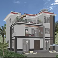 Modern White Exterior Detached Villa With Red Tile Roof Balcony And Palm Tree Garden Courtyard