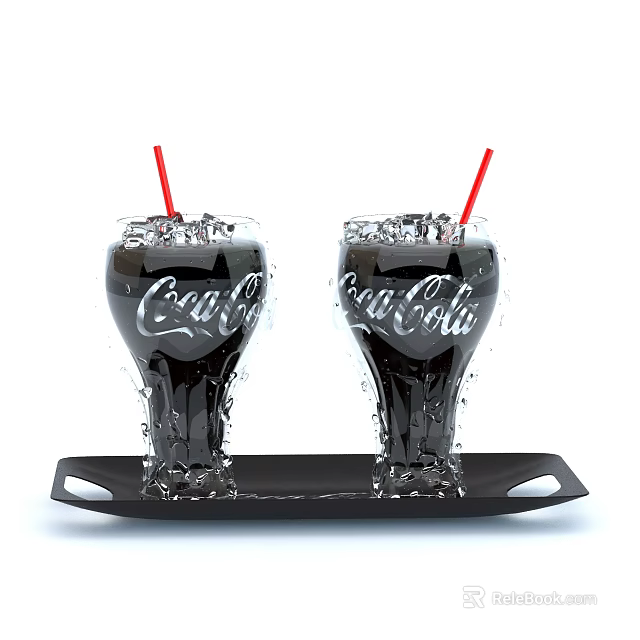 Two Glasses of Coca-Cola With Ice Cubes Red Straws on Black Tray and Water Droplets 3d model 