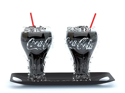 Two Glasses of Coca-Cola With Ice Cubes Red Straws on Black Tray and Water Droplets 3d model