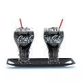 Two Glasses of Coca-Cola With Ice Cubes Red Straws on Black Tray and Water Droplets