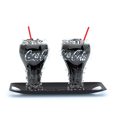 Two Glasses of Coca-Cola With Ice Cubes Red Straws on Black Tray and Water Droplets 3d model