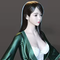 Woman in Green Silk Robe with White Lingerie Standing Barefoot on Gray Background