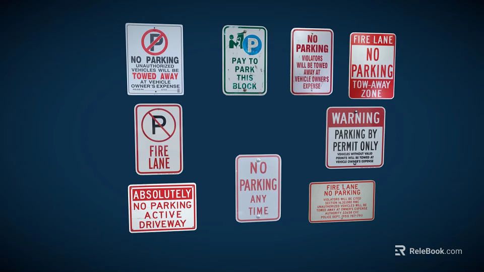 Various Types of Parking Signs Including No Parking Fire Lane Permit Only and Active Driveway 3d model 