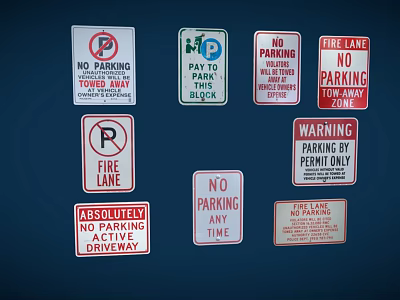 Various Types of Parking Signs Including No Parking Fire Lane Permit Only and Active Driveway 3d model