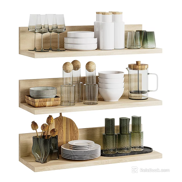 Wooden Kitchen Shelves With Dishes Bowls Glassware And Cutting Board 3d model 