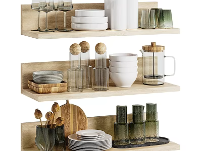 Wooden Kitchen Shelves With Dishes Bowls Glassware And Cutting Board 3d model