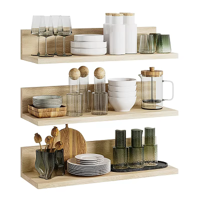Wooden Kitchen Shelves With Dishes Bowls Glassware And Cutting Board 3d model