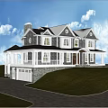 Two Story Detached House With Black Roof White Porch And Green Lawn Surrounded By Trees