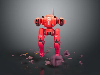 Red Robot Character Number 05 Standing With Stones And Yellow Accents On Gray Background 3d model