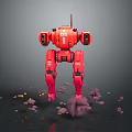 Red Robot Character Number 05 Standing With Stones And Yellow Accents On Gray Background