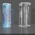 Decorative Transparent Glass Columns With Blue Vertical Stripes And White Text Inscriptions In Modern Interior