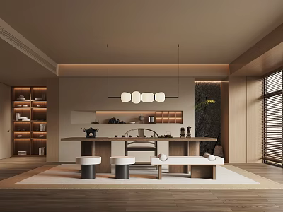 Modern Tea Room Interior Design With Wooden Tea Table And Hanging Pendant Lights 3d model
