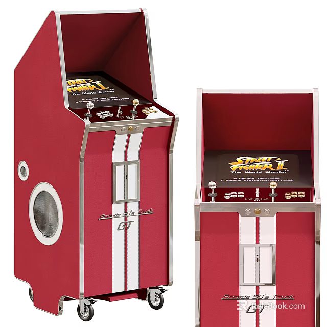 Red White Striped Retro Arcade Cabinets Featuring Speed Fighter GT Logo And Joysticks 3d model 