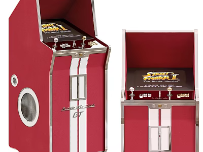 Red White Striped Retro Arcade Cabinets Featuring Speed Fighter GT Logo And Joysticks 3d model