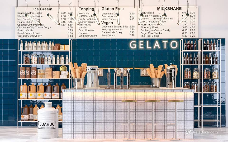Modern Gelato Shop Display Shelves with Bottled Drinks Jars Cones Blenders and Blue Tiled Background 3d model 