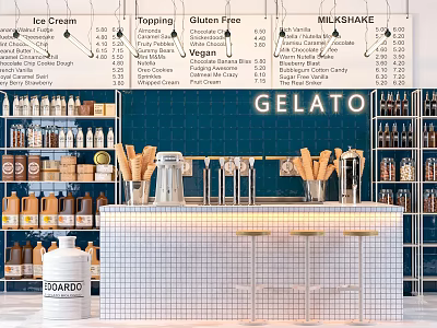 Modern Gelato Shop Display Shelves with Bottled Drinks Jars Cones Blenders and Blue Tiled Background 3d model