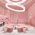 Pink Dessert Shop Interior With Display Cases Spiral Staircase Shelves Counter And Lighting