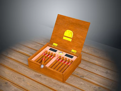Open Wooden Cigar Box With Gold Emblem Containing Cigars On Wooden Surface 3d model