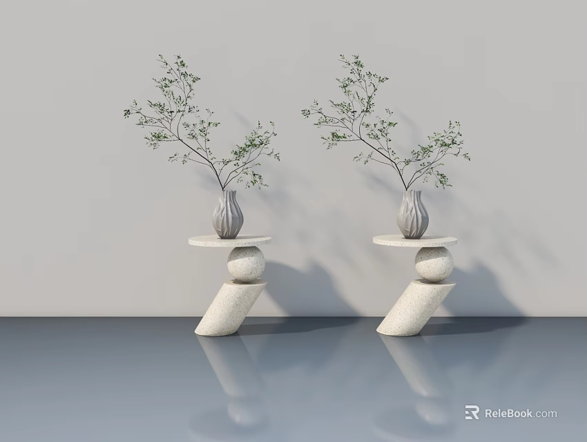 Modern Interior Swing Door With Light Gray Wall Blue Floor Decorative Vase Green Foliage 3d model 