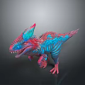 Colorful Mythical Dinosaur Creature With Vibrant Red Blue Stripes And Horned Head