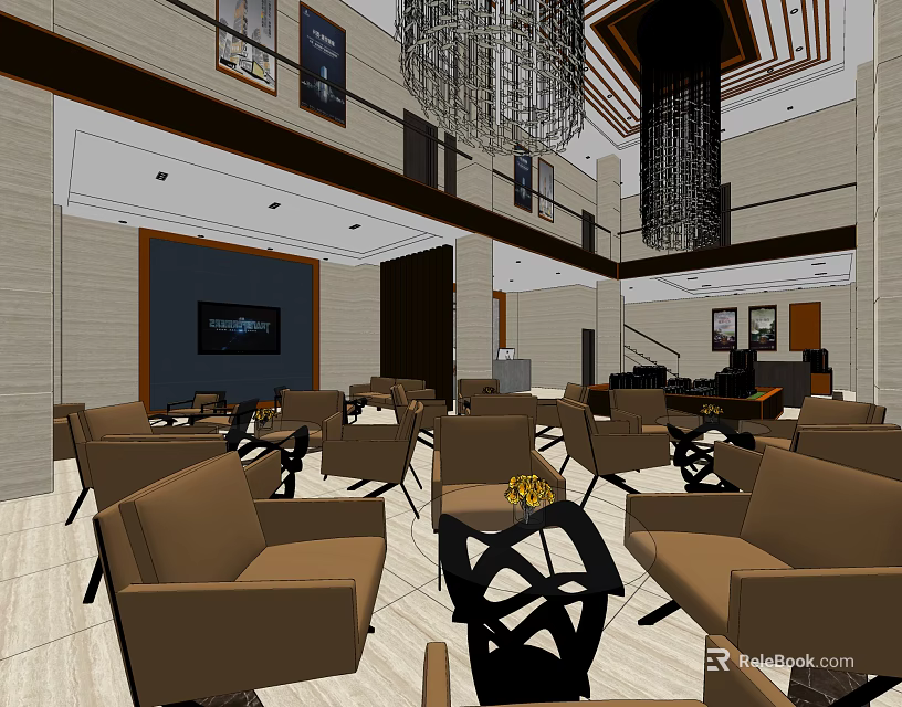 Modern Sales Office Interior With Brown Sofas Black Tables Chandelier And Decorative Paintings 3d model 