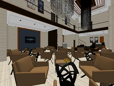 Modern Sales Office Interior With Brown Sofas Black Tables Chandelier And Decorative Paintings 3d model