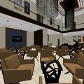 Modern Sales Office Interior With Brown Sofas Black Tables Chandelier And Decorative Paintings