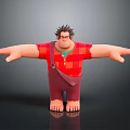 Muscular 3D Cartoon Character With Spiky Hair Red Plaid Shirt Brown Pants Barefoot Arms Outstretched