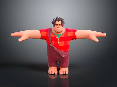 Muscular 3D Cartoon Character With Spiky Hair Red Plaid Shirt Brown Pants Barefoot Arms Outstretched 3d model