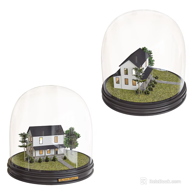 Decorative Ornament Set with Glass Dome Miniature House Model Grass and Trees 3d model 