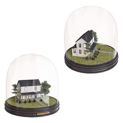 Decorative Ornament Set with Glass Dome Miniature House Model Grass and Trees 3d model