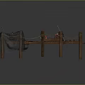 Wooden Dock Scene With Wooden Posts Ropes Fishing Net Lifebuoy And Small Boat