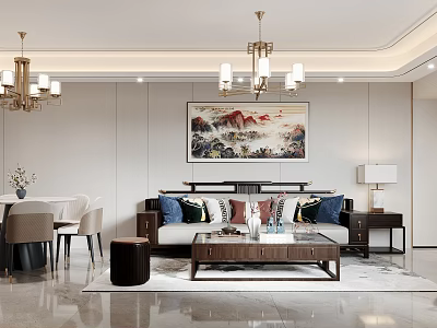 Living Dining Room Interior With Chandeliers Landscape Painting Sofa Coffee Table Rug And Dining Set 3d model