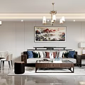 Living Dining Room Interior With Chandeliers Landscape Painting Sofa Coffee Table Rug And Dining Set