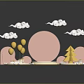 White And Gold Commercial Display Stands With Pink Circular Elements Cloud Decorations And Gold Balloons