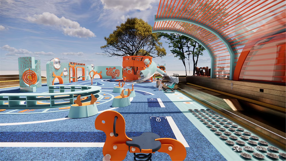 Colorful Children's Playground Area With Slide Rocking Horse Arched Canopy And Trees 3d model 