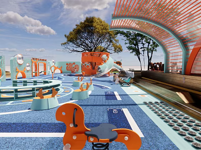 Colorful Children's Playground Area With Slide Rocking Horse Arched Canopy And Trees 3d model