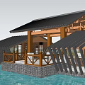 Modern Garden Pavilion With Wooden Structure Black Roof On Water And Green Grass