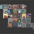 Cartoon Scenes with Stacked Colorful Small Rooms and Various Furnishings in Block Style Design