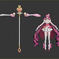 Fantasy Game Movie Female Character With Long Pink Hair White Pink Outfit Heart Decor Staff