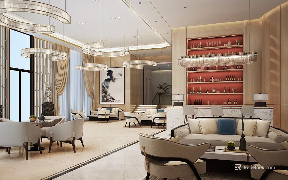 Luxurious Modern Lounge Area With Sofas Chandeliers And Wine Bar 3d model