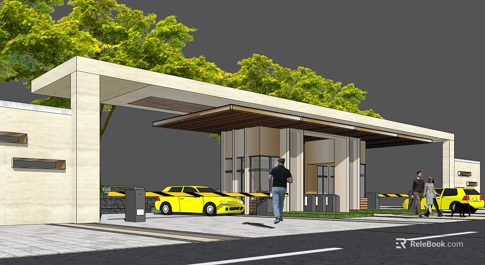 Modern Entrance Gate Design With Canopy Yellow Car Pedestrian And Green Trees 3d model 
