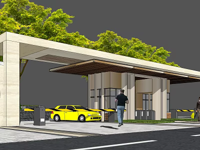 Modern Entrance Gate Design With Canopy Yellow Car Pedestrian And Green Trees 3d model