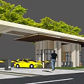 Modern Entrance Gate Design With Canopy Yellow Car Pedestrian And Green Trees