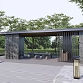 Outdoor Modern Pergola Design With Stone Columns Benches And Green Trees