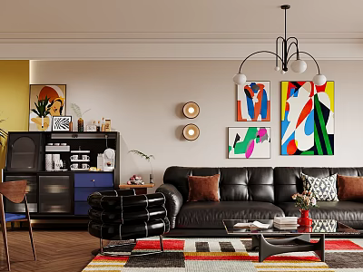 Modern Living And Dining Room With Black Leather Sofa Colorful Abstract Paintings Chandelier And Rug 3d model