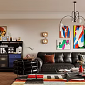 Modern Living And Dining Room With Black Leather Sofa Colorful Abstract Paintings Chandelier And Rug