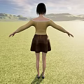 Woman Standing On Green Grass Wearing Yellow Top And Brown Skirt With Arms Outstretched