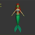 Red Haired Mermaid Game Character With Purple Top Green Tail 3D Model On Gray Background