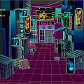 Vibrant Cartoon Scene With Neon Signs Shops And Character On Street